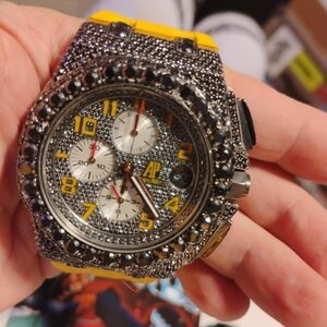 Black On Black Moissanite Watch With Yellow Rubber Straps Will Pass Diamond Test